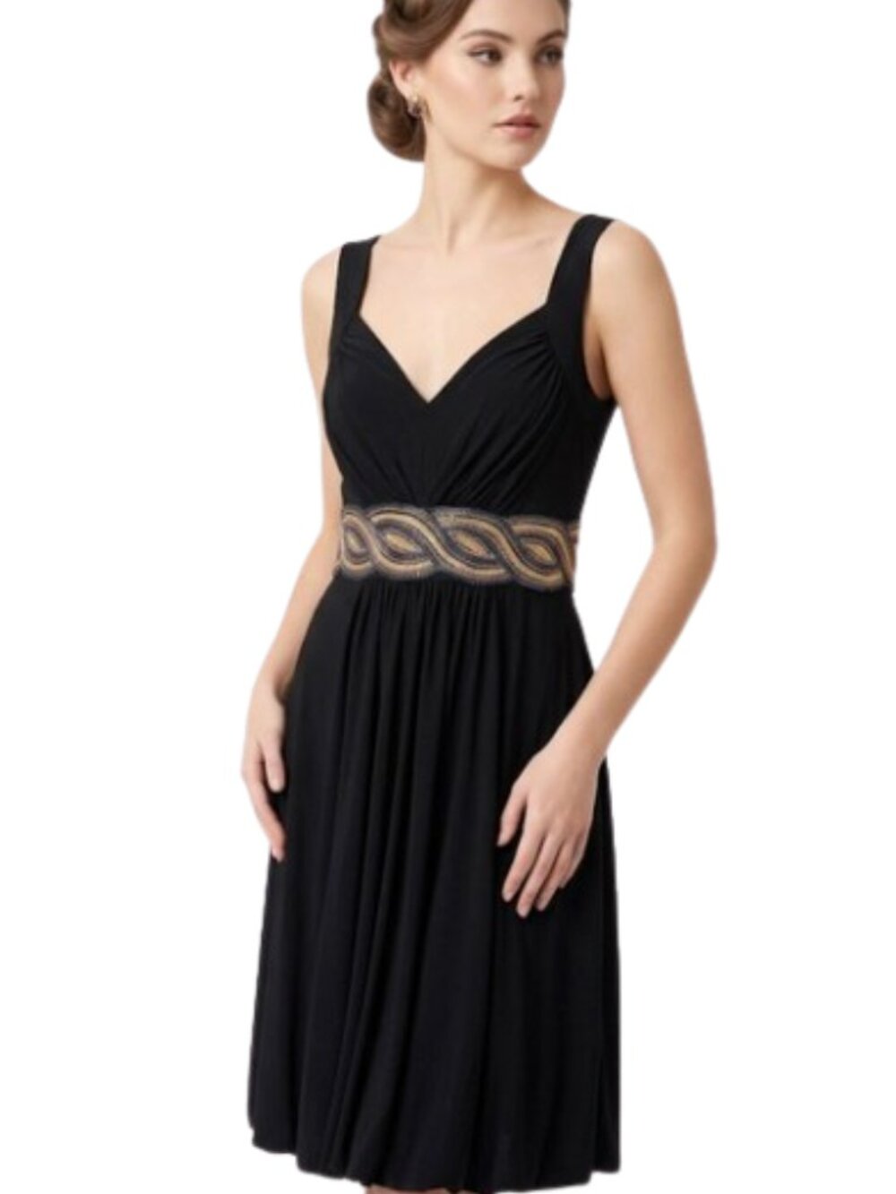Joseph Ribkoff Black Vintage Cocktail Dress V-Neck Sequin Belt Bubble Hem sz 10
